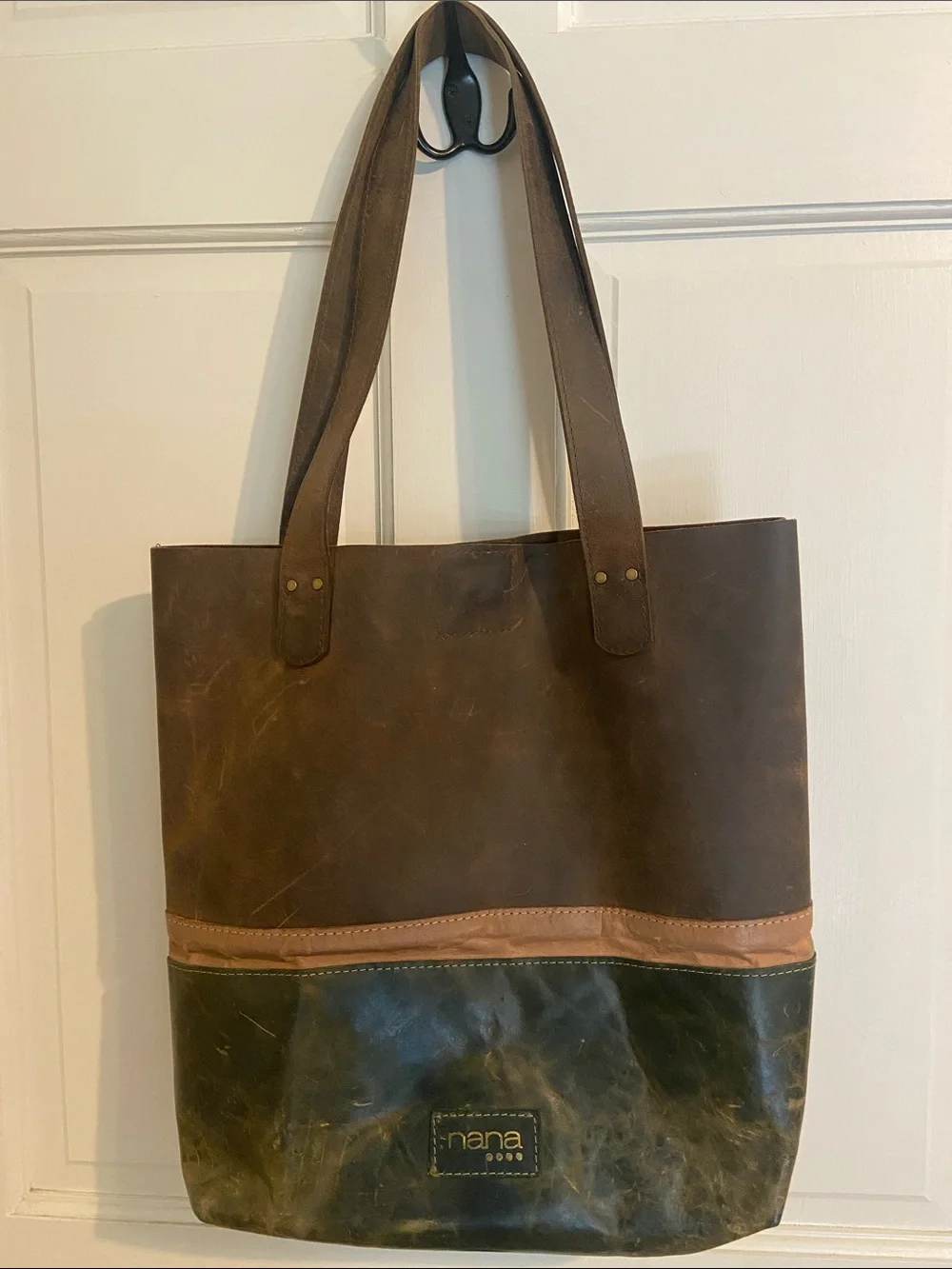 NaNa Brown and Tan Two-Tone Leather Messenger Tote
